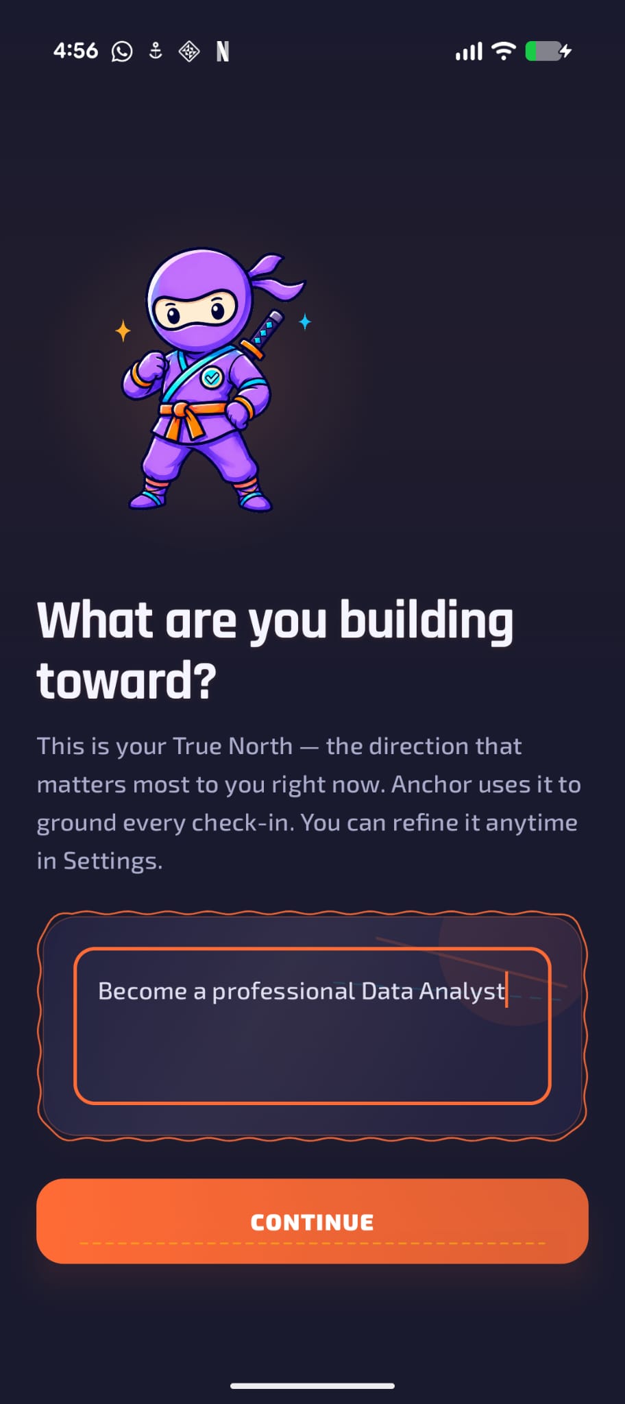 True North onboarding screen, dark mode