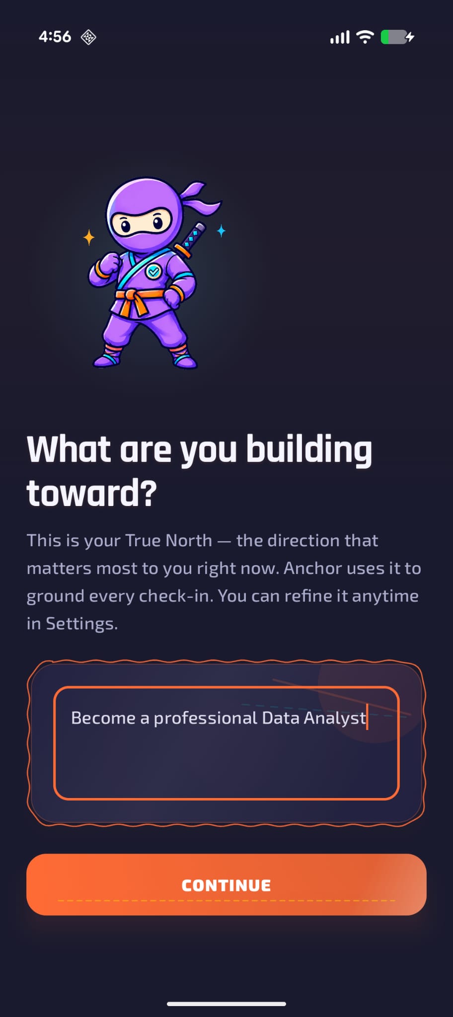 Anchor onboarding asking what you are building toward
