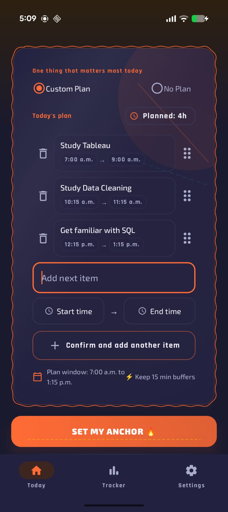 Plan builder with study blocks, dark mode